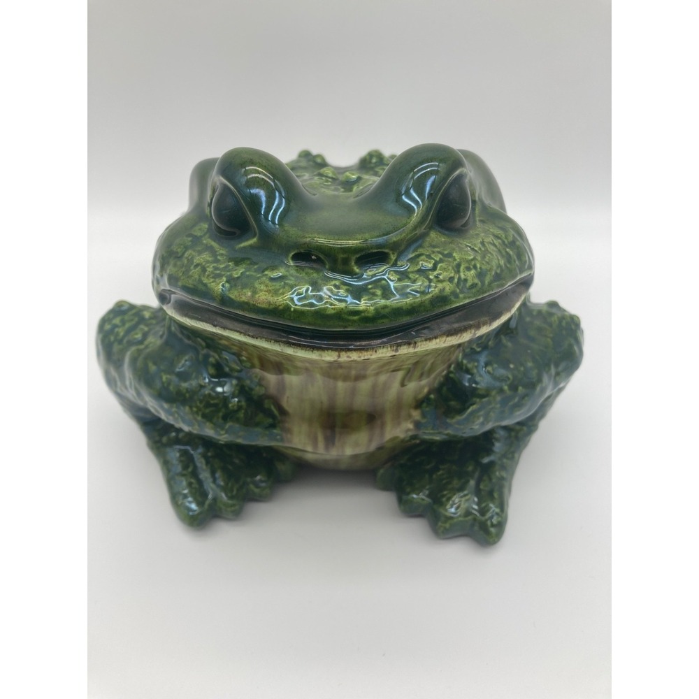 Vintage Arnel's Ceramic Toad Frog Statue Figurine Green Glazed Garden Decor